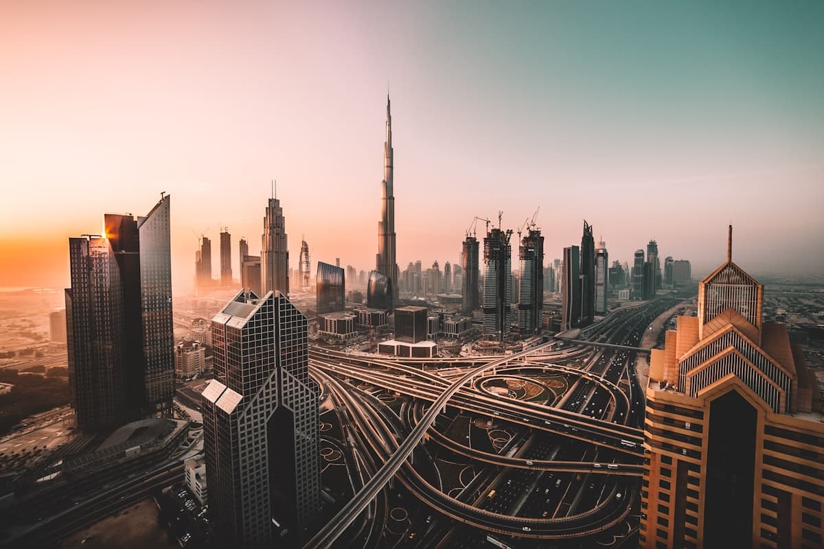 Dubai skyline with Burj Khalifa at sunset